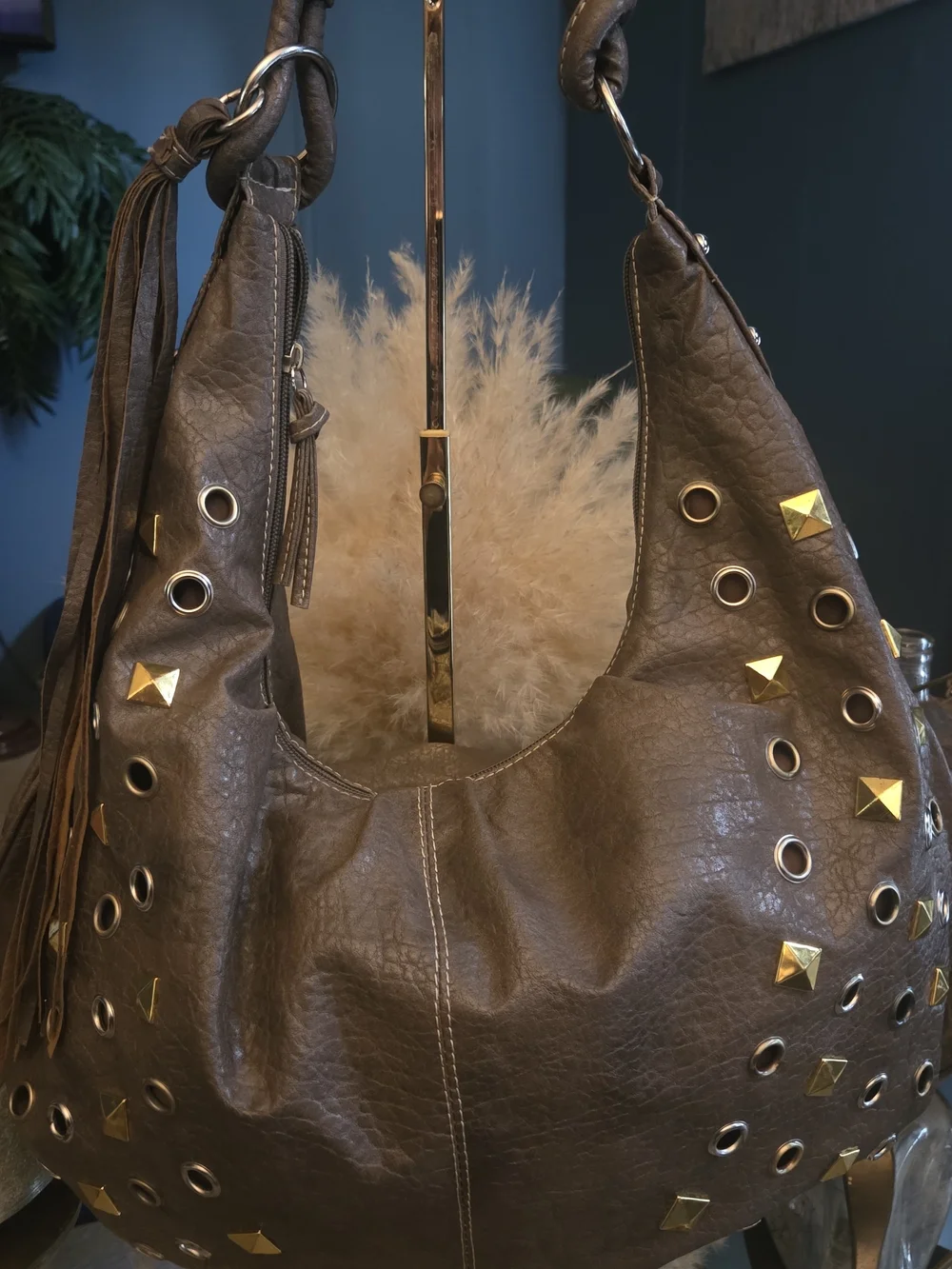 Y2K Brown Studded Grommet Fringe Hobo Bag Boho Rocker